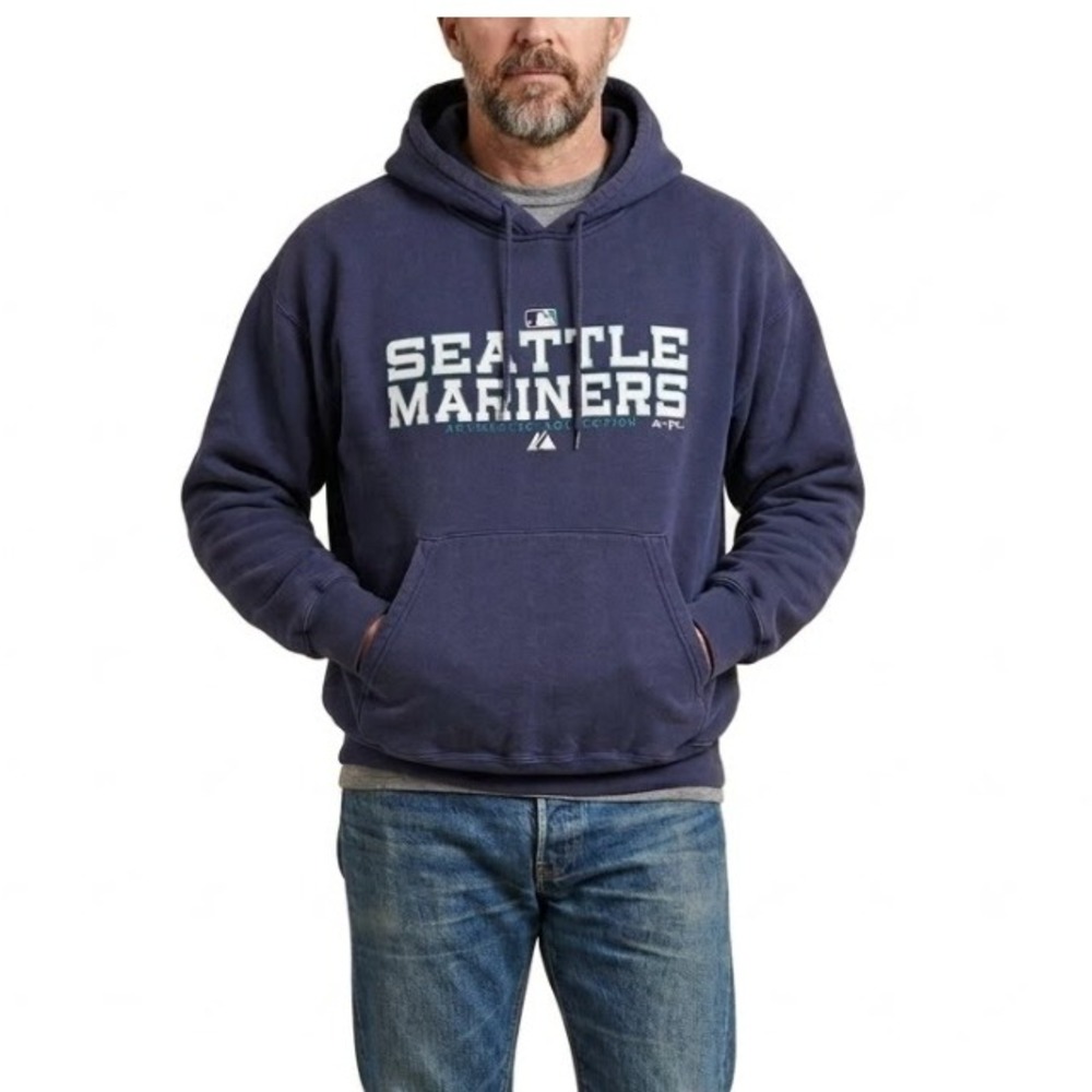 Majestic Seattle Mariners Heavyweight Cotton Fleece Hoodie Navy Blue Mens XL MLB